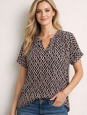 W by Worth Pink & Black Geometric Short Sleeve Tunic Top